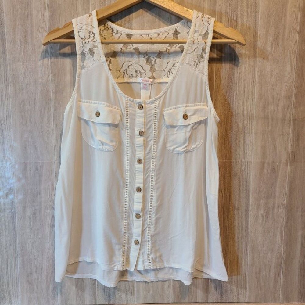 Xhilaration White Lace Tank Top Womens M Button Front Sleeveless Blouse Boho Sum